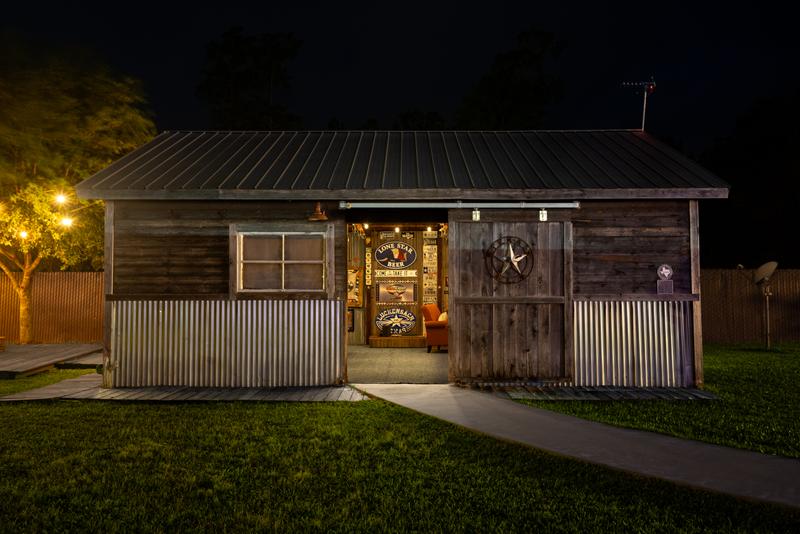 Mancave building exterior with star decor at night